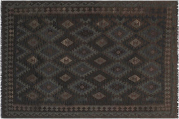 Flat Weave Kilim, Antique, Navaho, Vintage, Handmade, Geometric Kilim Blue Brown Hand-Woven Rectangle 100% Wool Area Rug 6 x 10